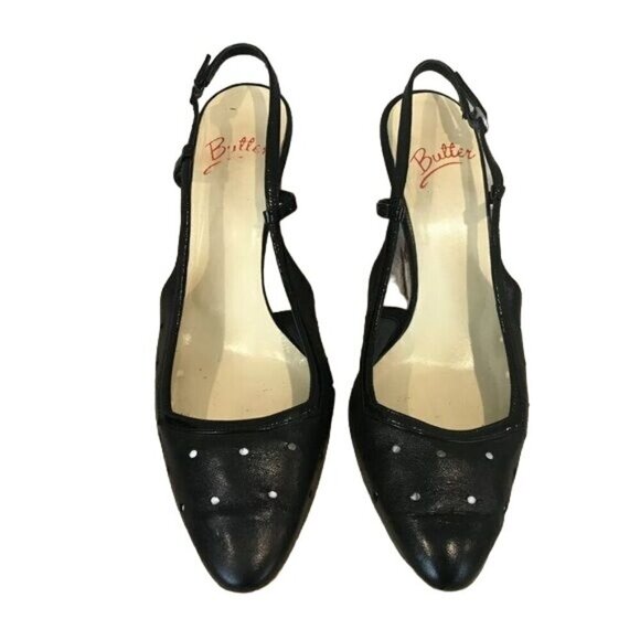 Butter Size 7 Black Leather Perforated Slingback Heels Shoes Almond Toe - Picture 2 of 8